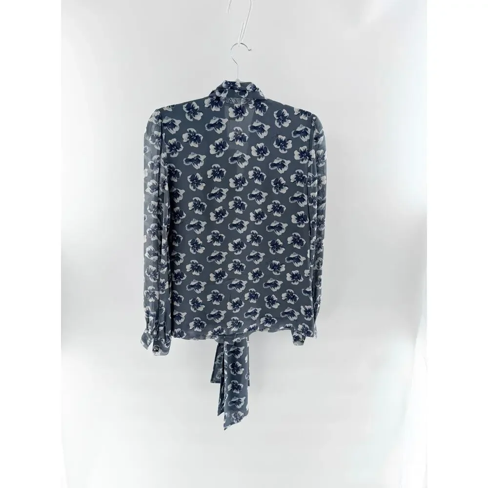Tory Burch 100% Silk Floral Long Sleeve Blouse with Tie Neck Detail Blue White 2